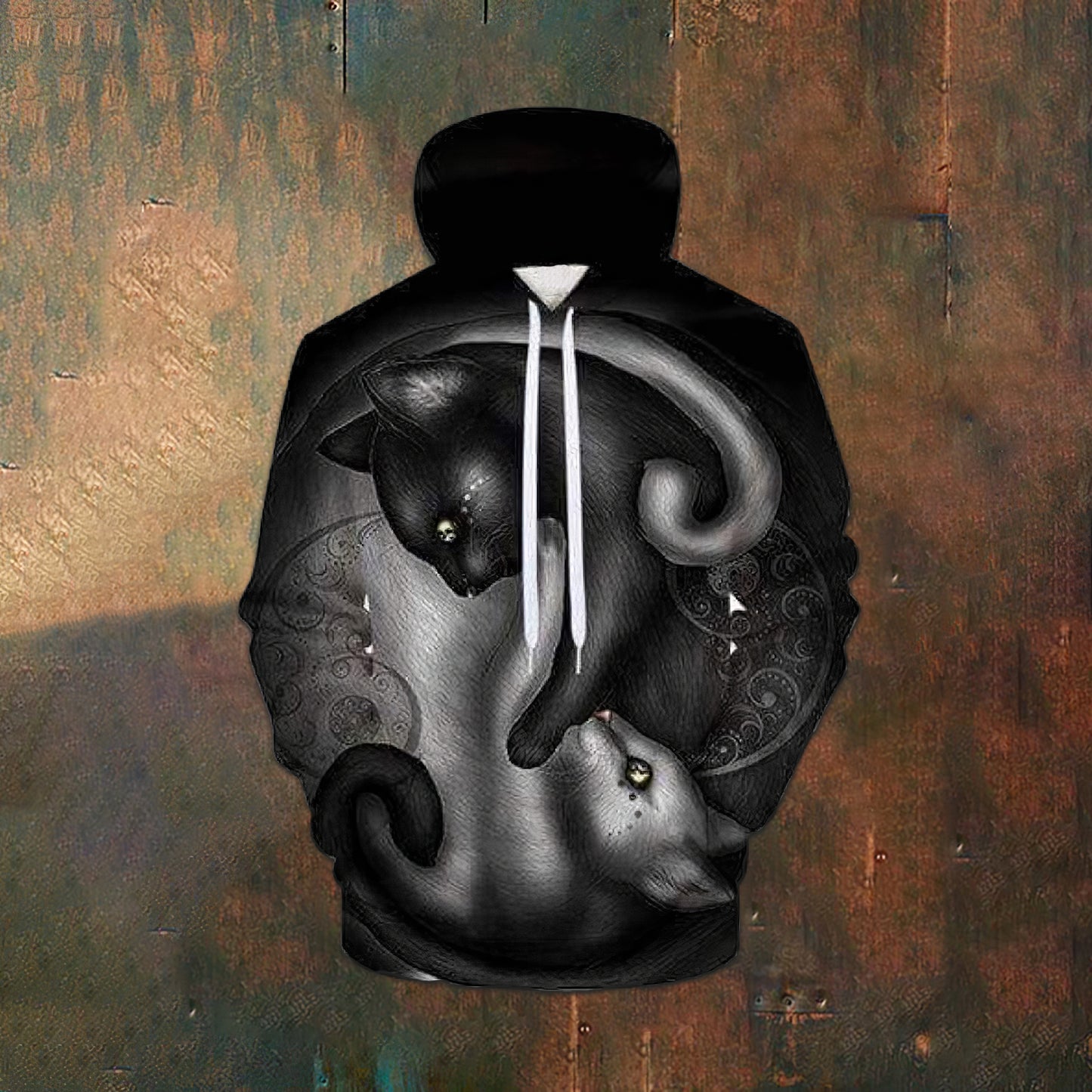 Unisex Funny Black & White Cat Vintage Print Casual Hoodie elevenforest