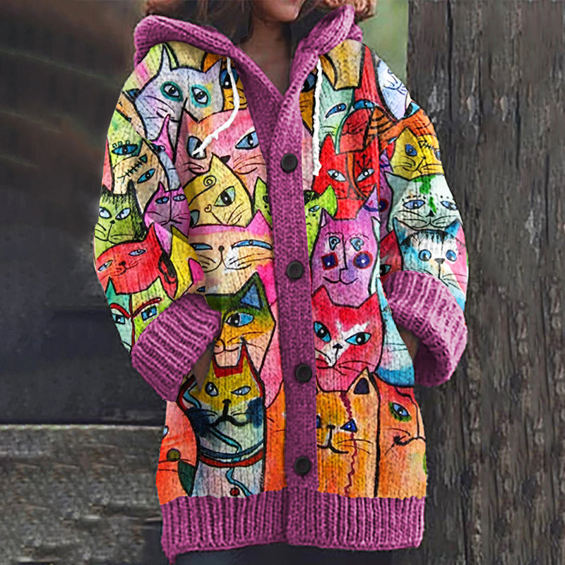 Lovely Cats World Pattern Cozy Cardigan Sweater elevenforest