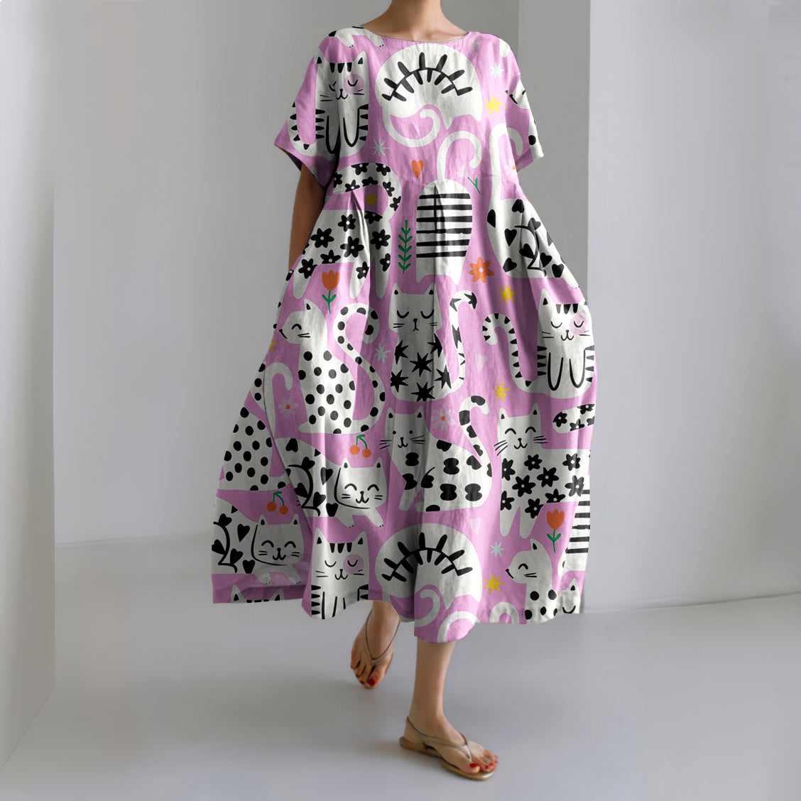 Women's Floral Cat Art Print Crew Neck Dress elevenforest