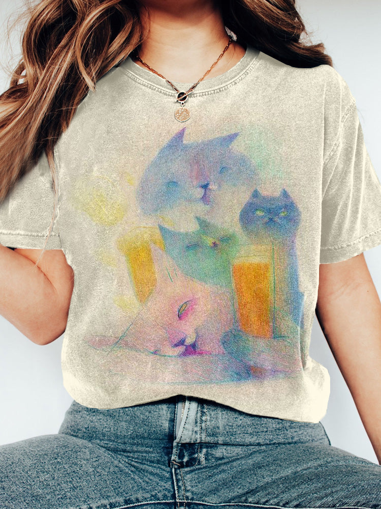 Cute Cats Art Crew Neck Vintage Washed T Shirt elevenforest