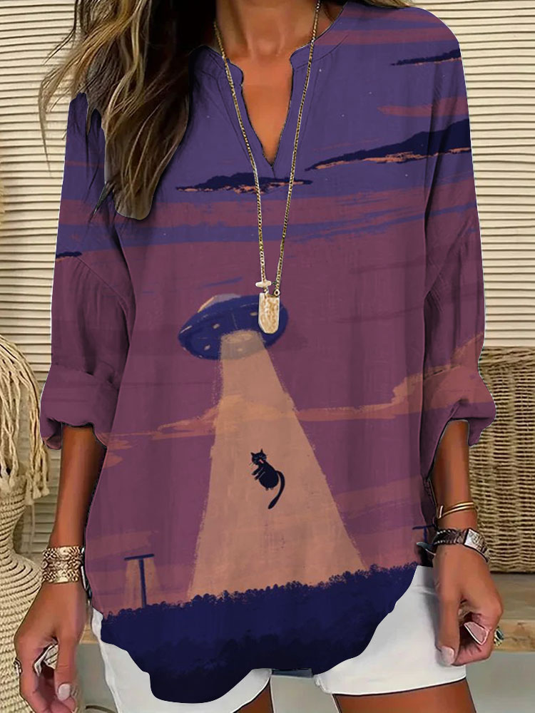 Women's Casual Cat Watercolor Printed T-shirt elevenforest