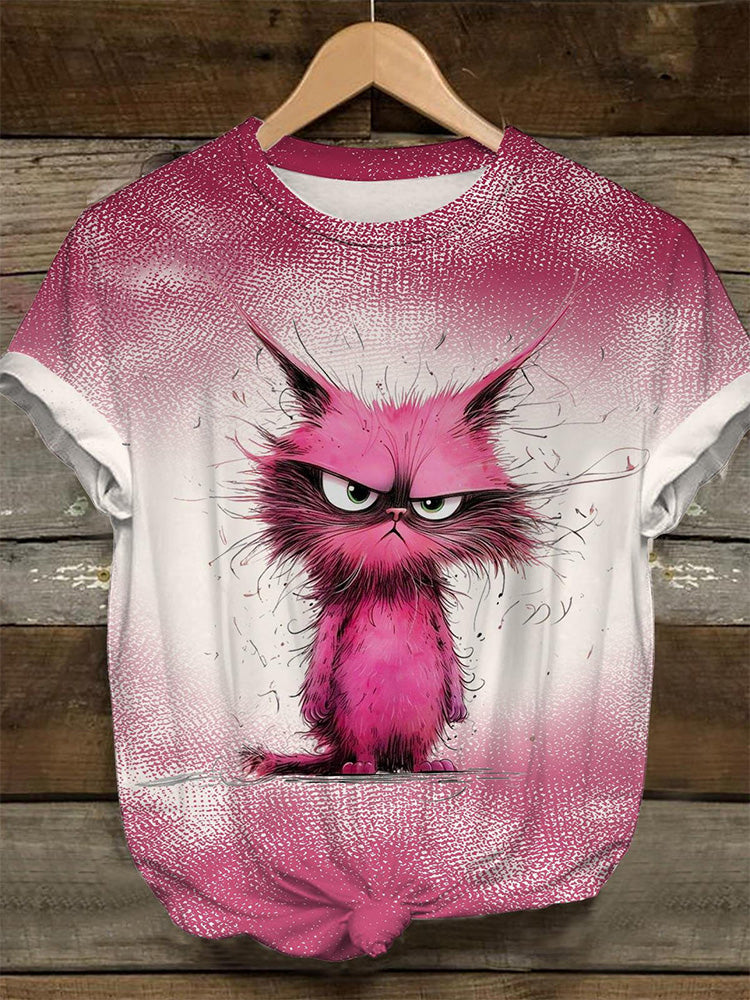 Women's Pink Cat Crew Neck T-Shirt elevenforest