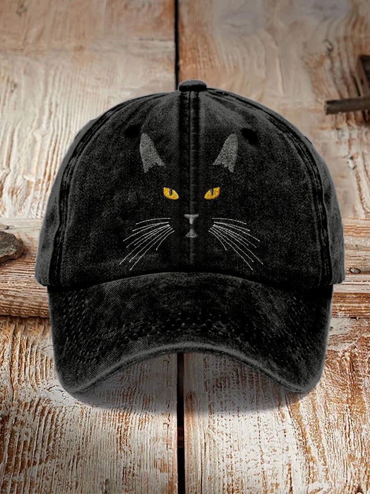 Black Cat Face Embroidered Vintage Washed Cap elevenforest