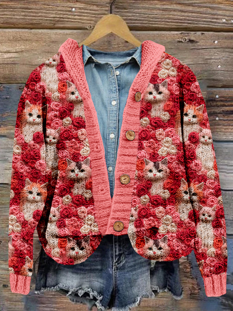 Lovely Cats And Roses Embroidered Cozy Cardigan elevenforest