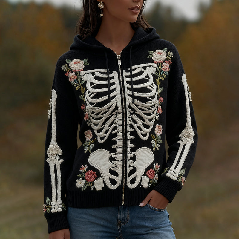 Women's Halloween Skeleton Bones With Roses Art Knitted Warm Zipper Hooded Sweater artswardrobe