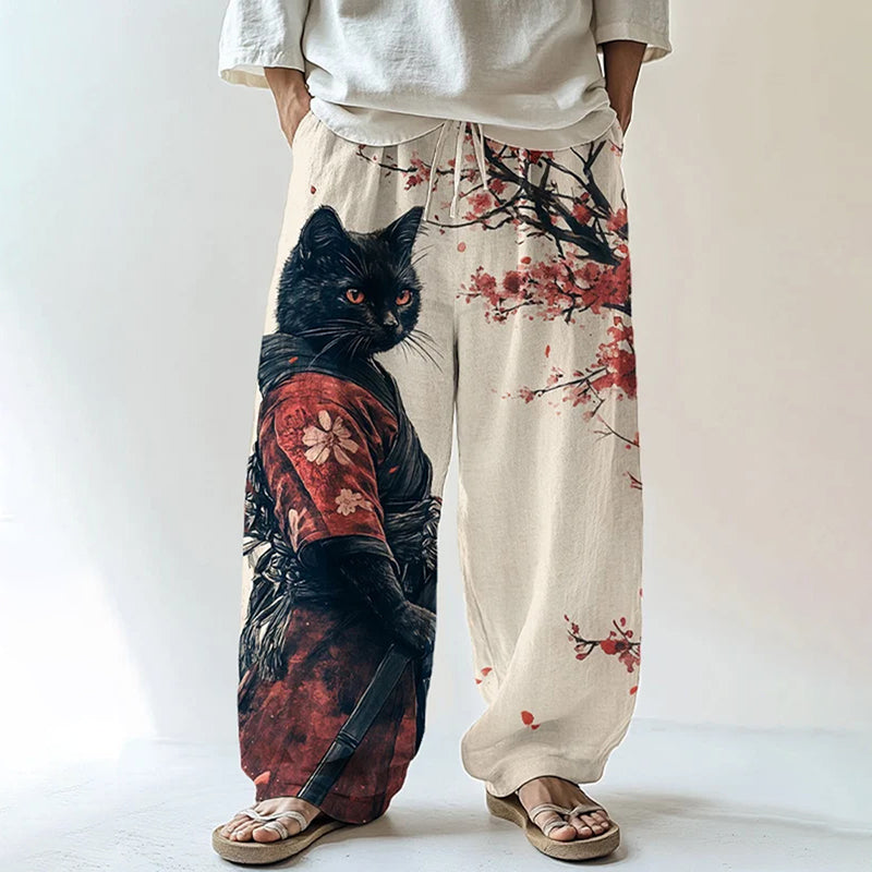 Men's Black Cat Samurai Japanese Art Print Casual Pants elevenforest