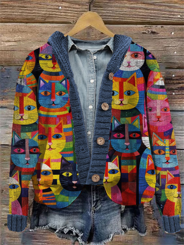 Colorful Cute Cats Embroidered Hooded Cardigan elevenforest
