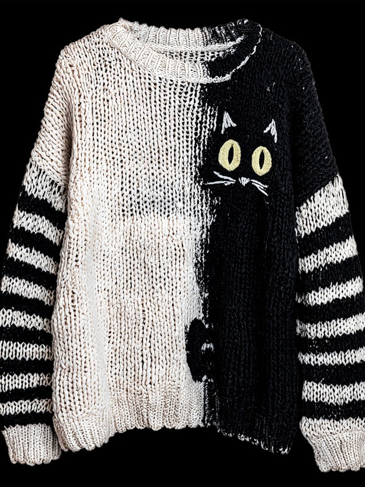 Halloween Black Cat Contrast Color Cozy Knitted Sweater elevenforest