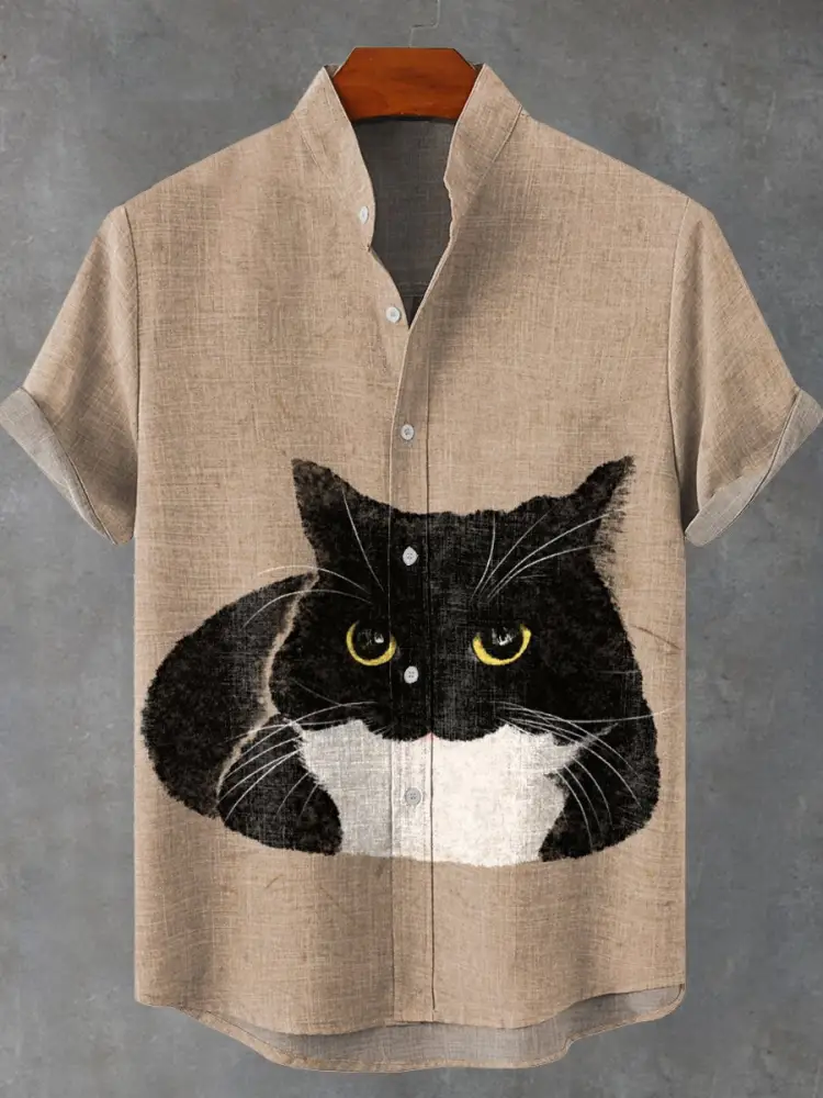 Ink Cat Art Print Casual Cotton Shirt elevenforest