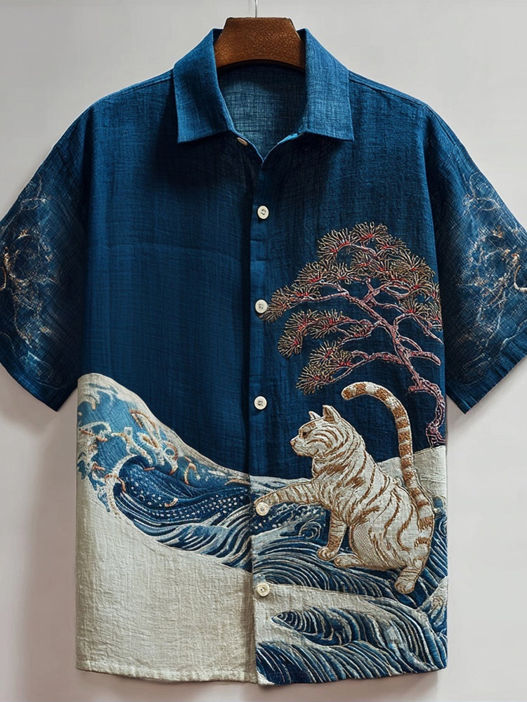 Vintage Japanese Waves & Cat Embroidery Art Linen Shirt elevenforest