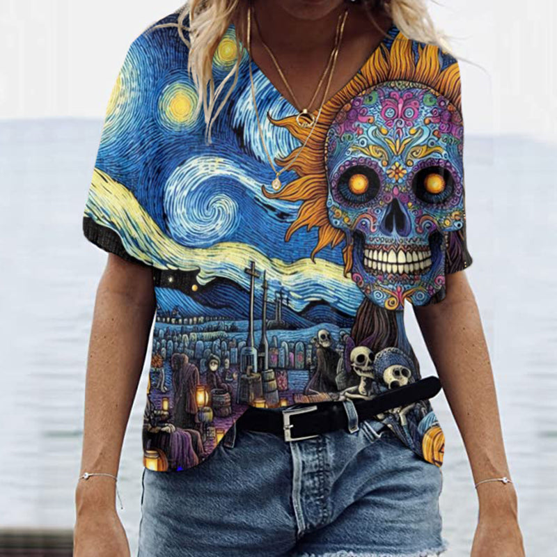 Mexican Day Of The Dead Skull Art Casual V-Neck T-Shirt elevenforest