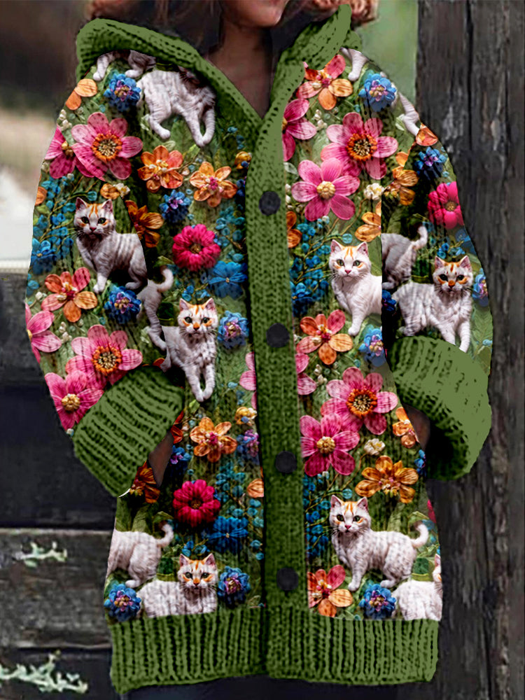 Cats And Flowers Embroidered Cozy Hooded Cardigan elevenforest