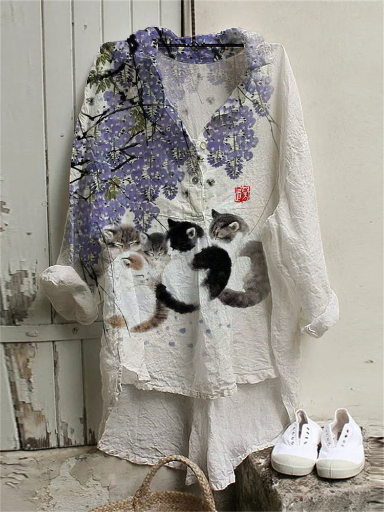 Cats under Floral Tree Japanese Art High Low Tunic elevenforest
