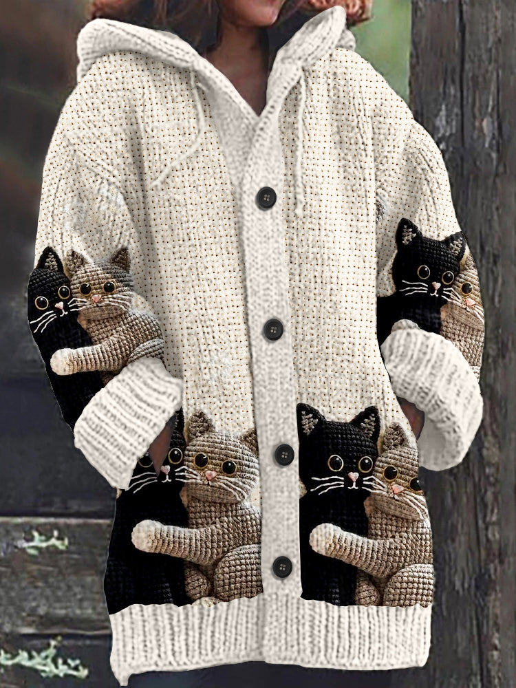 Cat Hug Crochet Art Women's Sweater Hooded Cardigan elevenforest