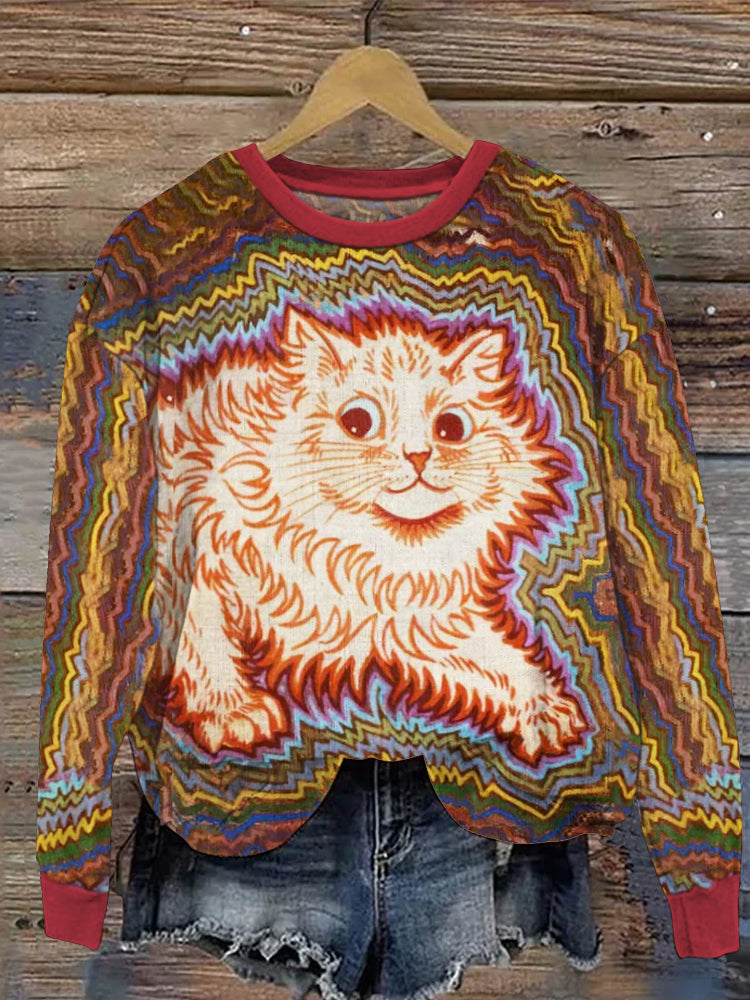 Vintage Psychedelic Cat Print Women's Casual Sweatshirt elevenforest