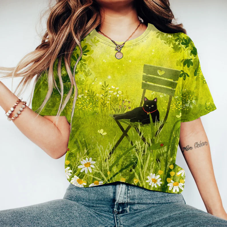 Black Cat Lying On A Chair Art Print Crew Neck T-shirt elevenforest