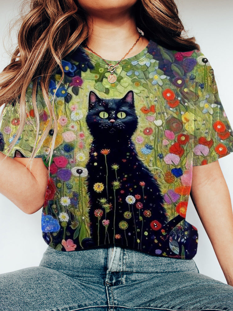 Black Cat & Floral Short Sleeve T-Shirt elevenforest