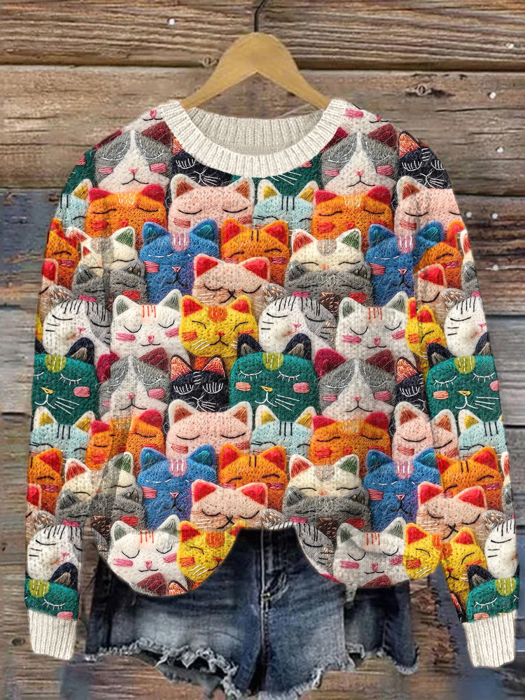Cute Cats Felt Art Cozy Knit Sweater elevenforest