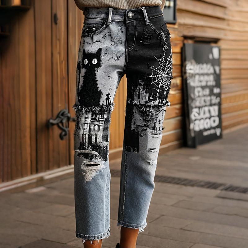 Women's Halloween Black Cats And Spider Web Patchwork Design Vintage Washed Jeans elevenforest