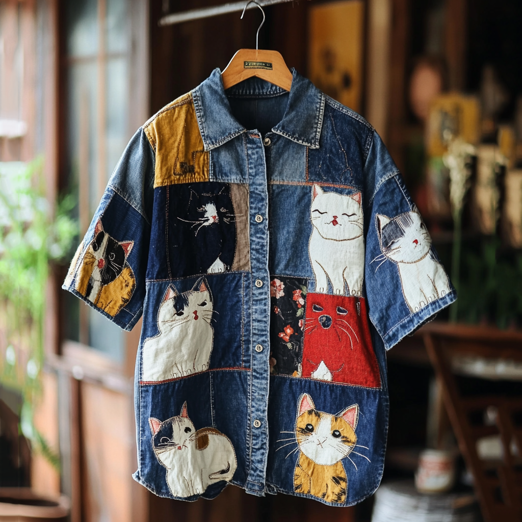 Vintage Cute Cat Patchwork Denim Print Shirt elevenforest