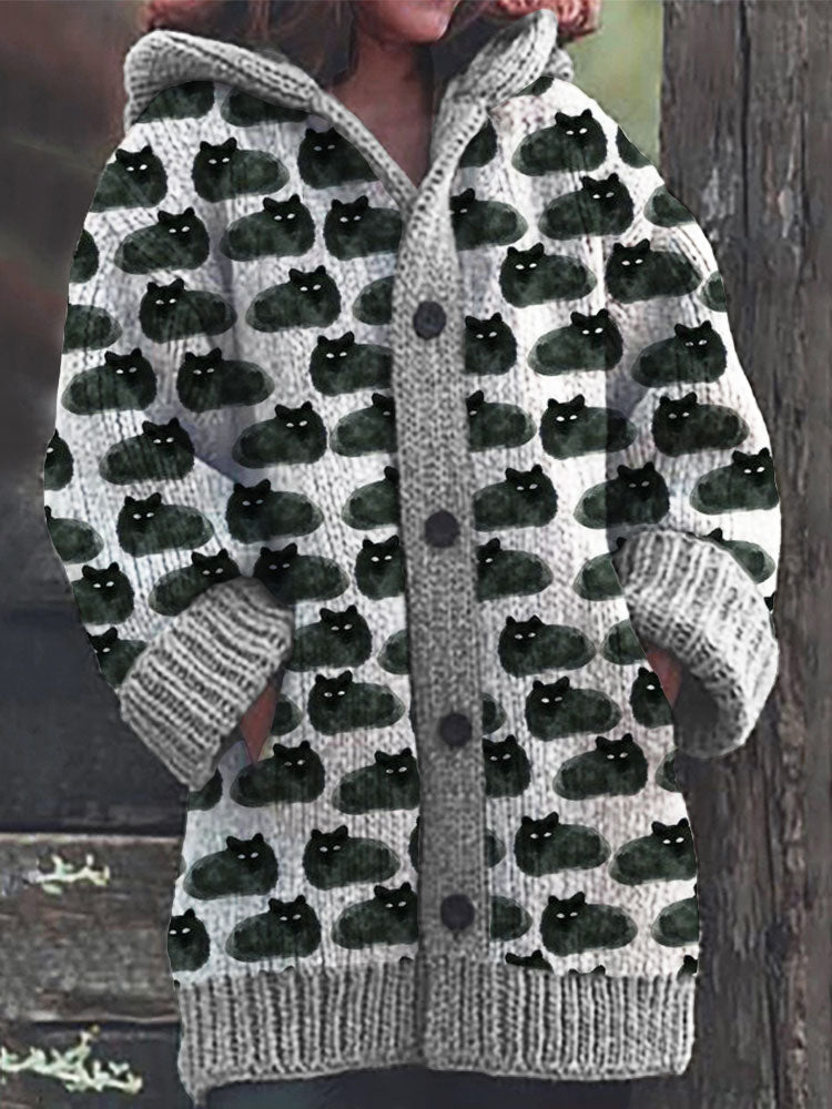 Black Cats Pattern Cozy Hooded Cardigan elevenforest