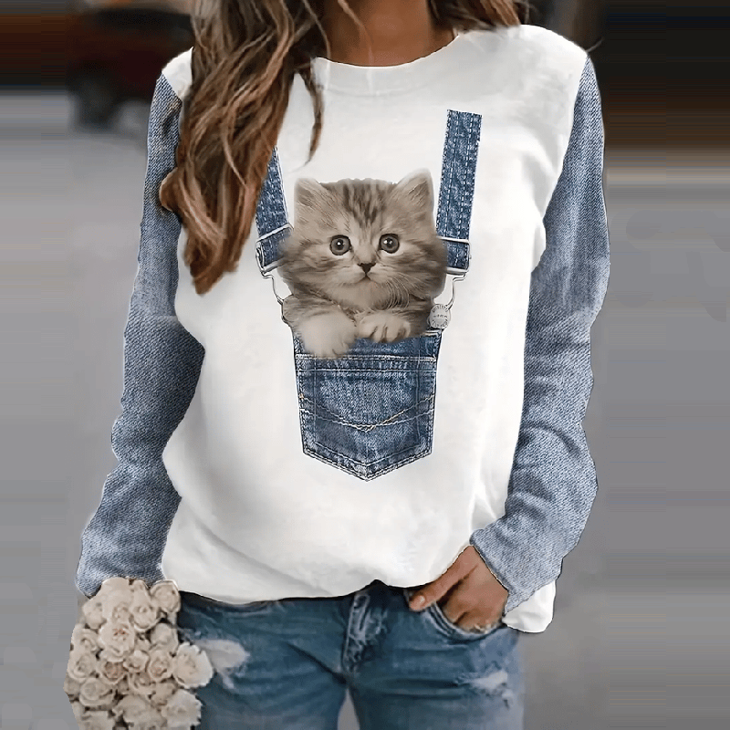 Women's Cowboy Pocket Cat Print Casual Sweatshirt elevenforest