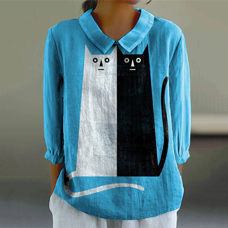 Women's Black Cat And White Cat Art Casual Linen Shirt elevenforest