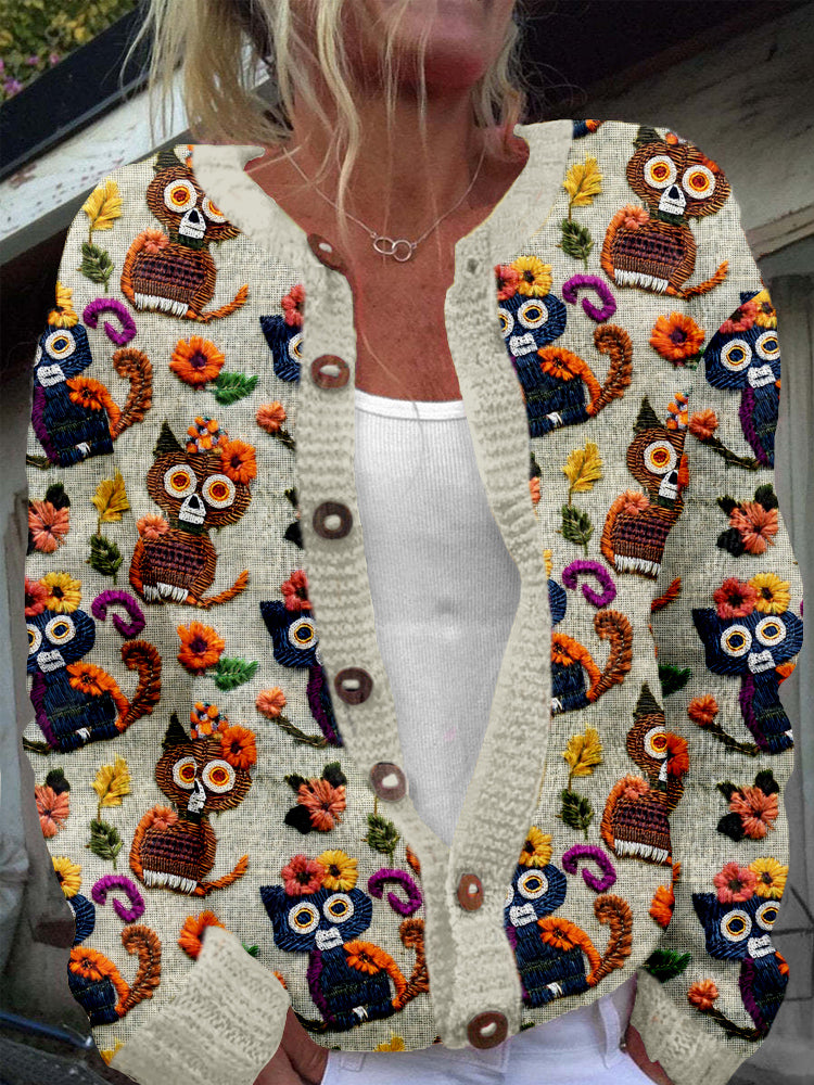 Sugar Skull Cats Embroidered Crew Neck Cozy Knit Cardigan elevenforest