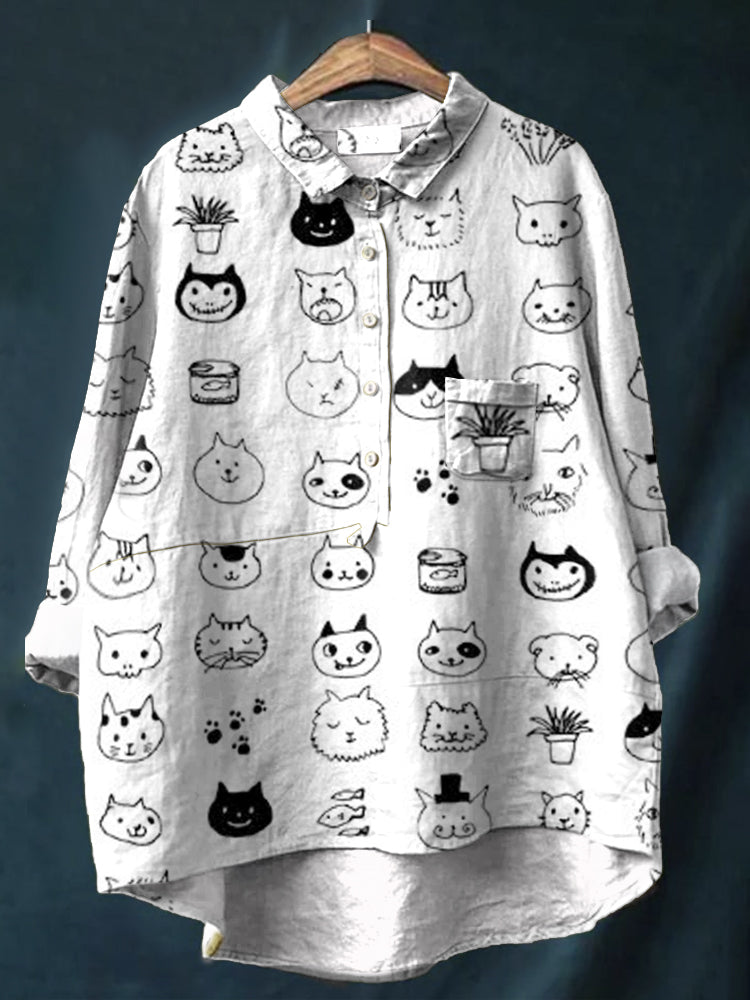Cute Cat Art Pattern Casual Linen Blend Pocket Shirt elevenforest