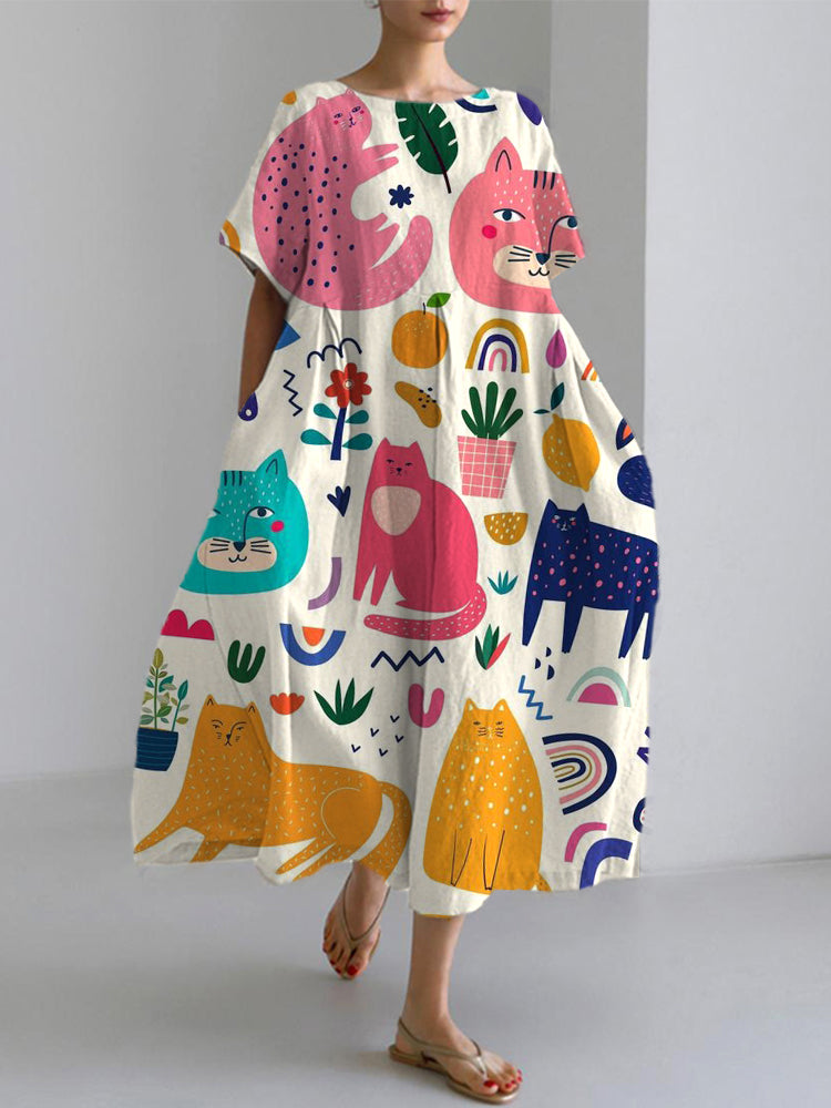 Cute Cat Pattern Linen Blend Dress elevenforest