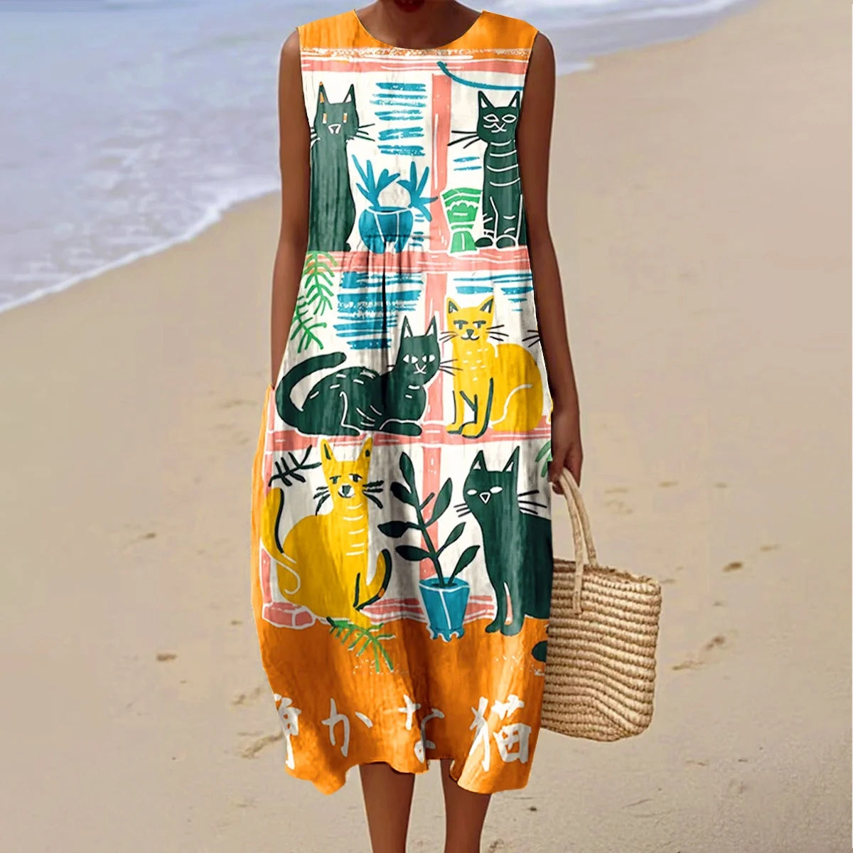 Women's Vintage Cute Black Cat Art Print Linen Dress elevenforest