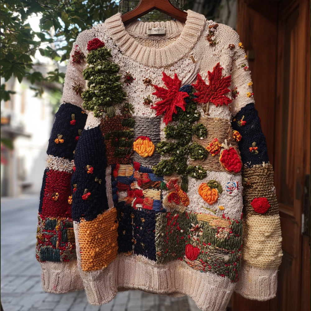 Maple Leaf Patchwork Checkered Round Neck Sweater artswardrobe