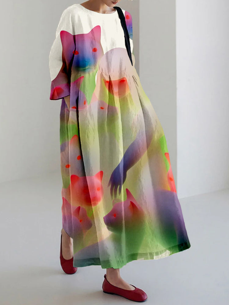 Whimsical Cat & Girl Art Linen Blend Maxi Dress elevenforest