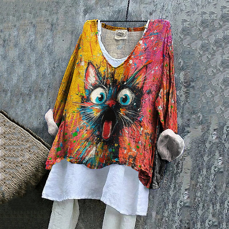 Women's Retro Oil Painting Pop Cat V-neck Shirt elevenforest
