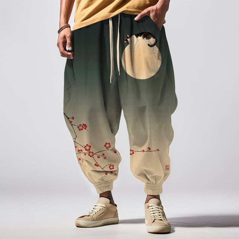 Japanese Art Cat Print Casual Loose Drawstring Waist Sweatpants elevenforest
