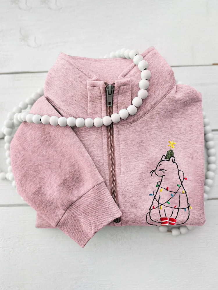 Christmas Lights Cat Embroidery Women's Zipper Sweatshirt elevenforest