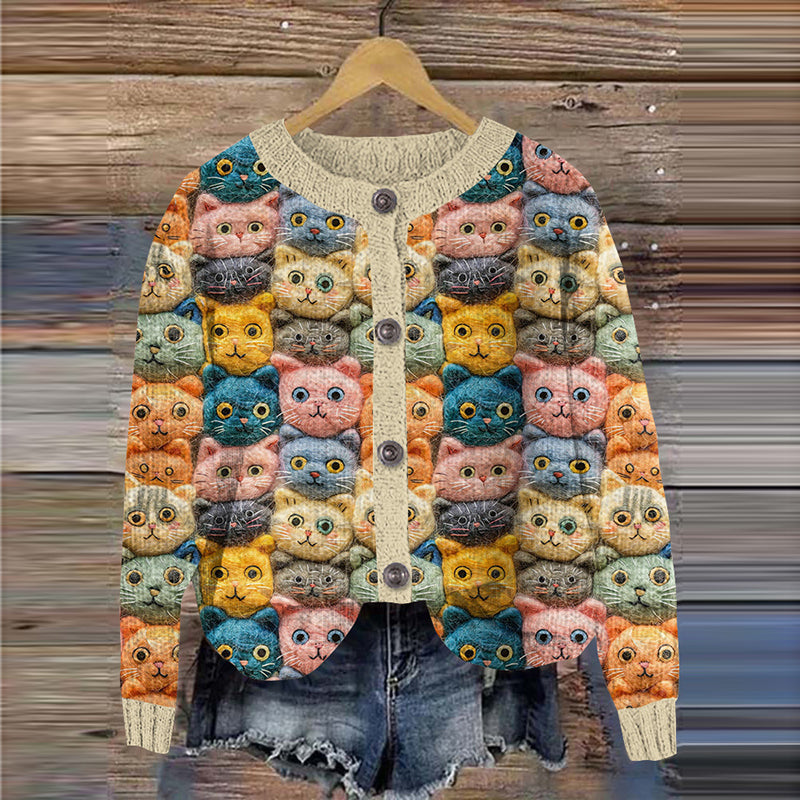 Colorful Cats Embroidered Crew Neck Cozy Cardigan elevenforest