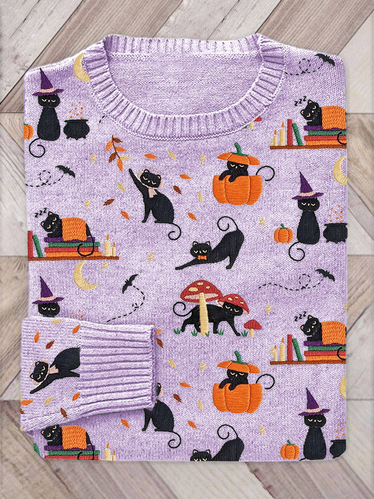 Halloween Black Cat Pumpkin Embroidery Pattern Sweater elevenforest