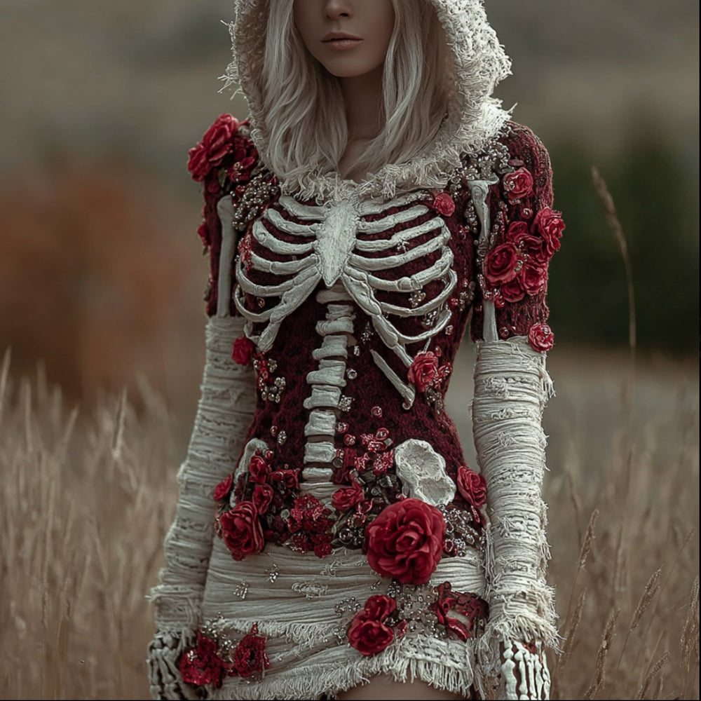 Halloween Skeleton And Wild Rose Bandage Hoodie Skirt artswardrobe
