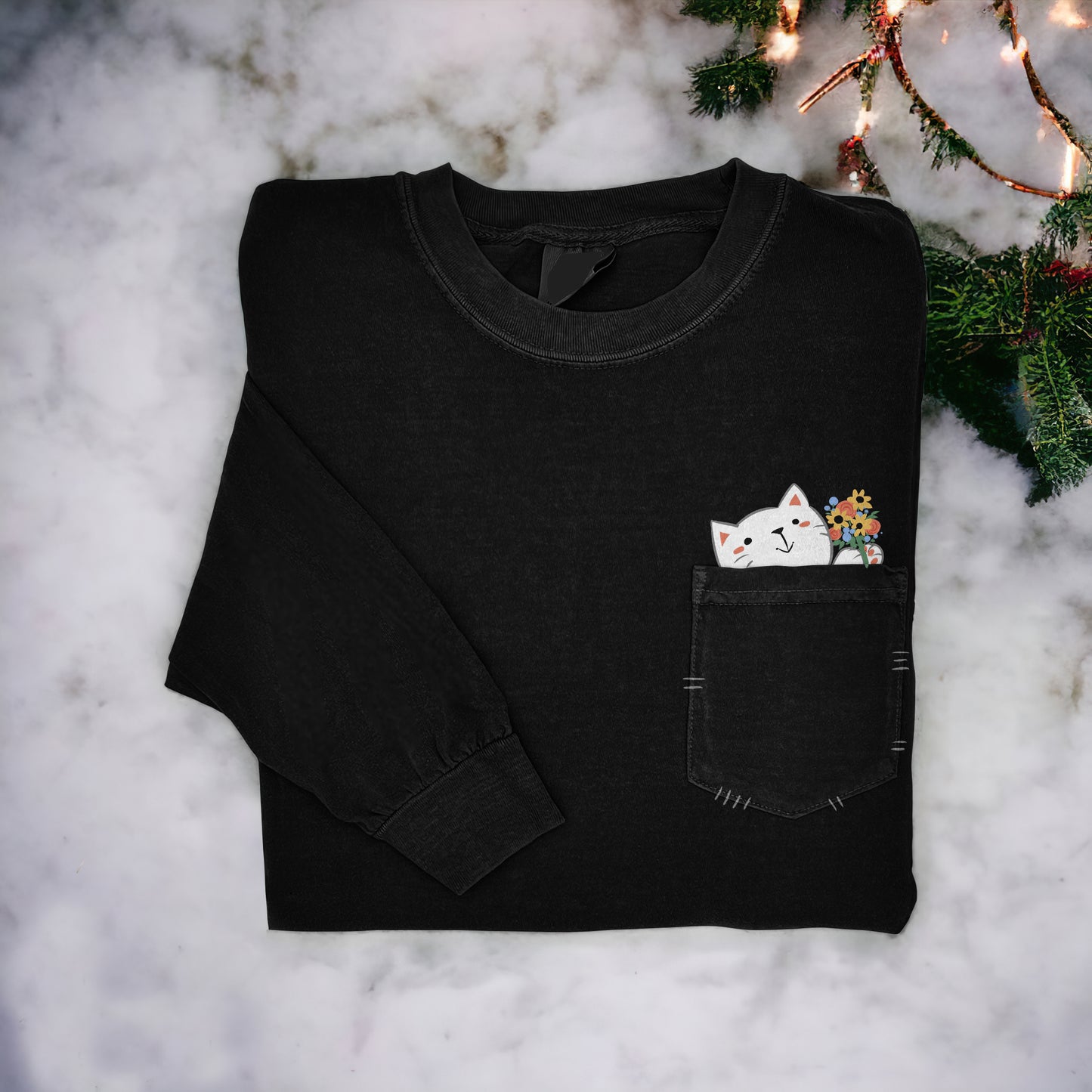 Cute Cat With Floral Art Women's Cozy Pocket T-Shirt elevenforest