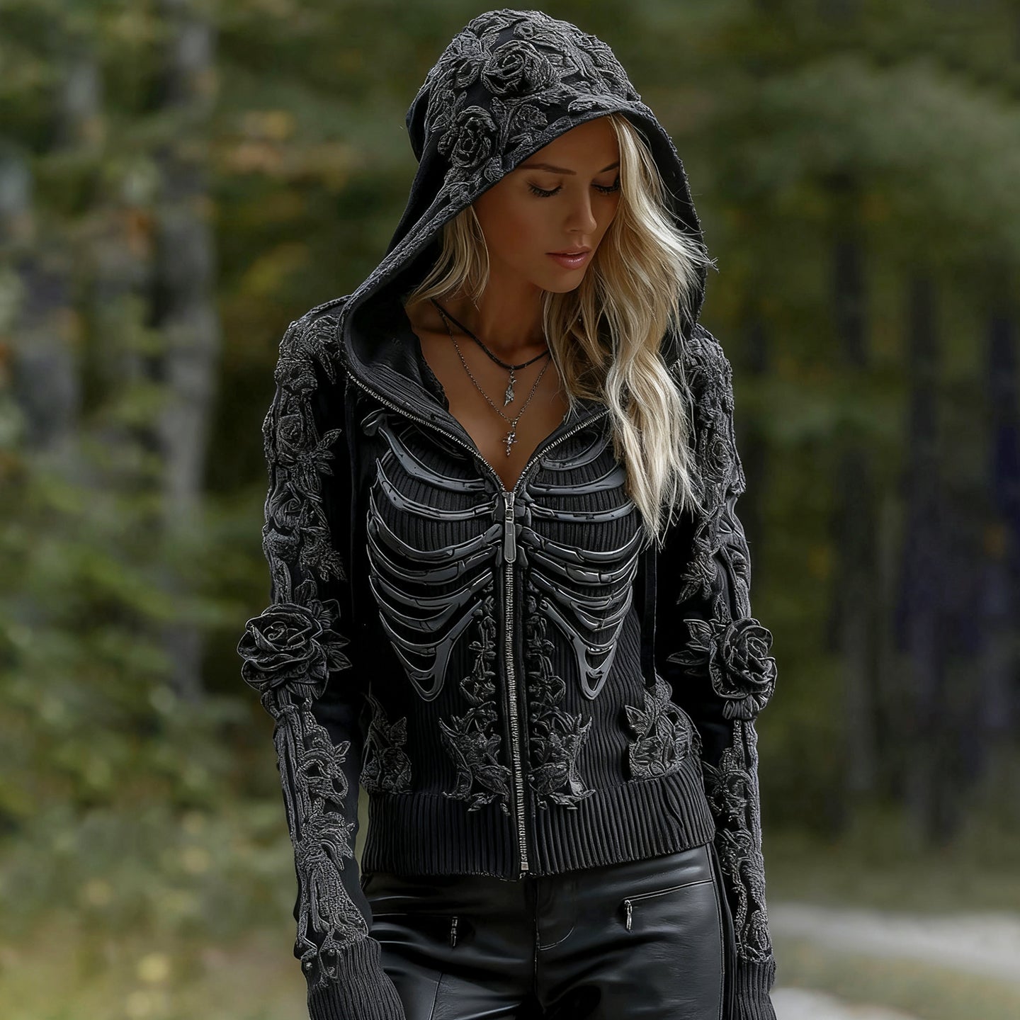 Women's Vintage Skeleton Rose Gothic Art Zipper Knit Hooded Sweater artswardrobe