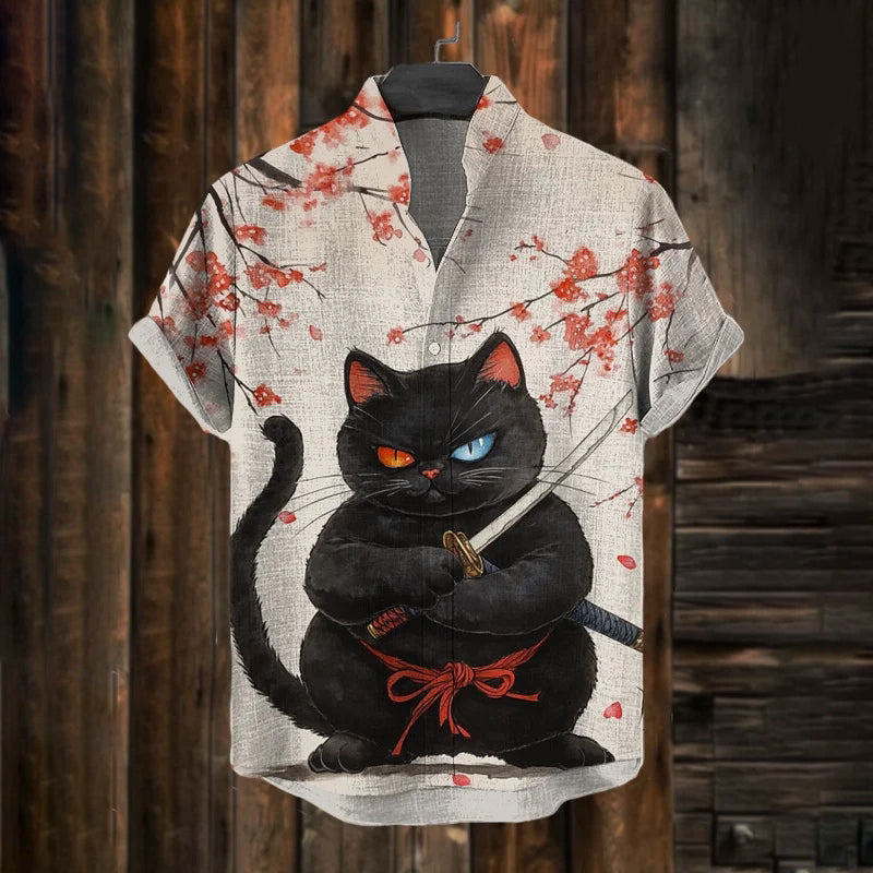 Men's Black Cat Samurai Cherry Blossoms Print Shirt elevenforest