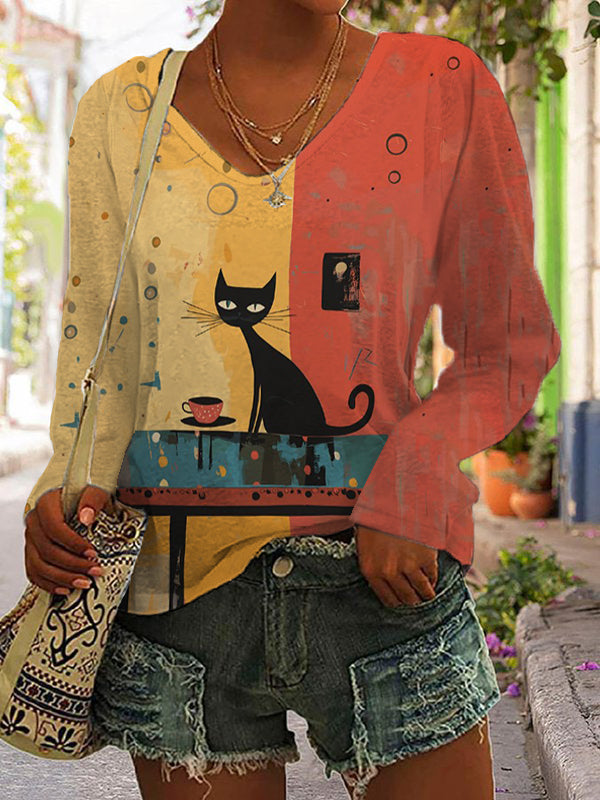 Women's Casual Art Funny Black Cat Print T-shirt elevenforest