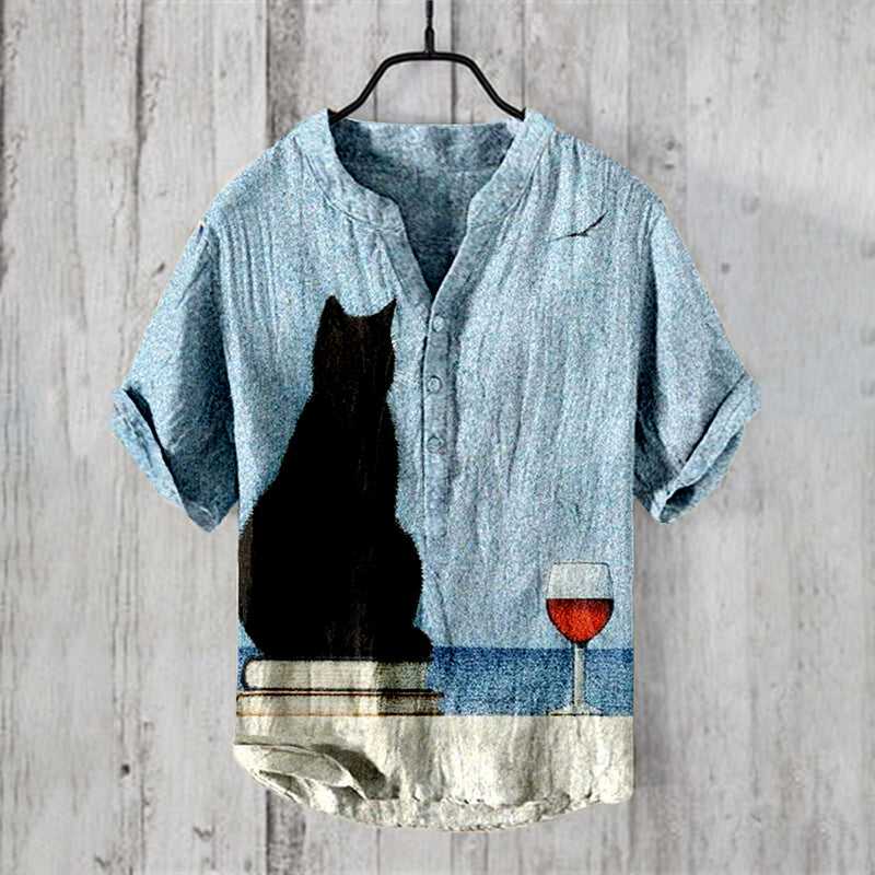 Japanese Abstract Cat Art Print Linen Blend Shirt elevenforest