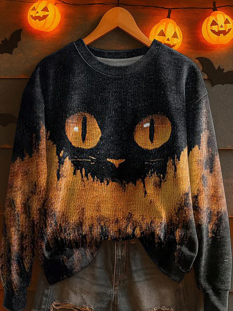 Women's Halloween Black Cat Knitted Sweatshirt elevenforest