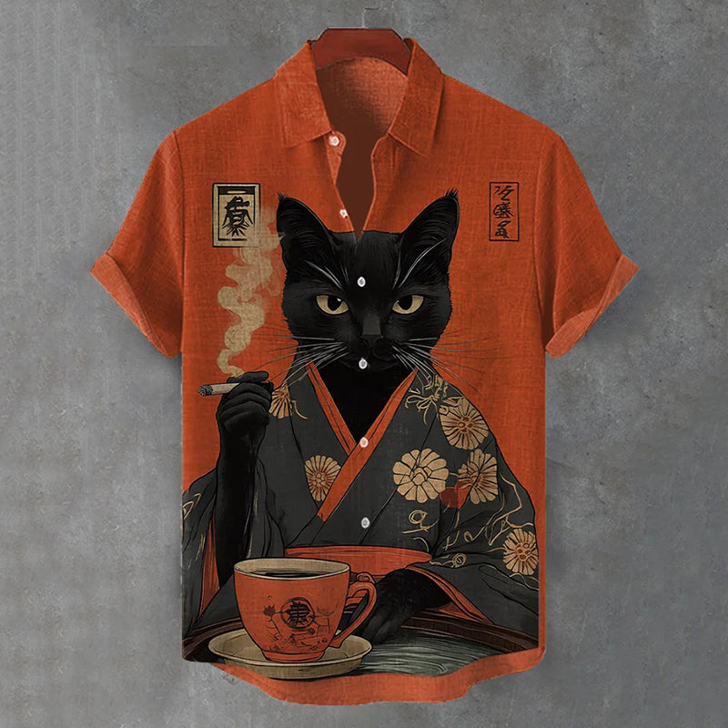 Men's Retro Black Cat Cigarette Japanese Illustration Print Short Sleeve Shirt elevenforest