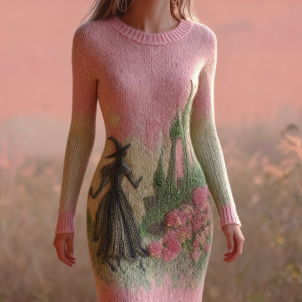 Halloween 2025 Witch Beads Embroidered Cozy Sweater Dress artswardrobe