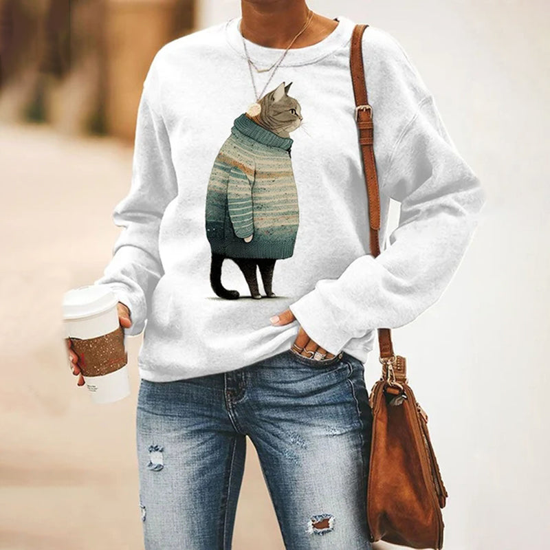 Winter Cat Print Crew Neck Sweatshirt elevenforest