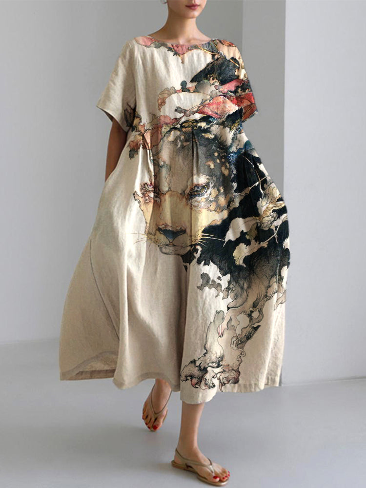 Japanese Art Cat Print Cotton Blend Dress elevenforest