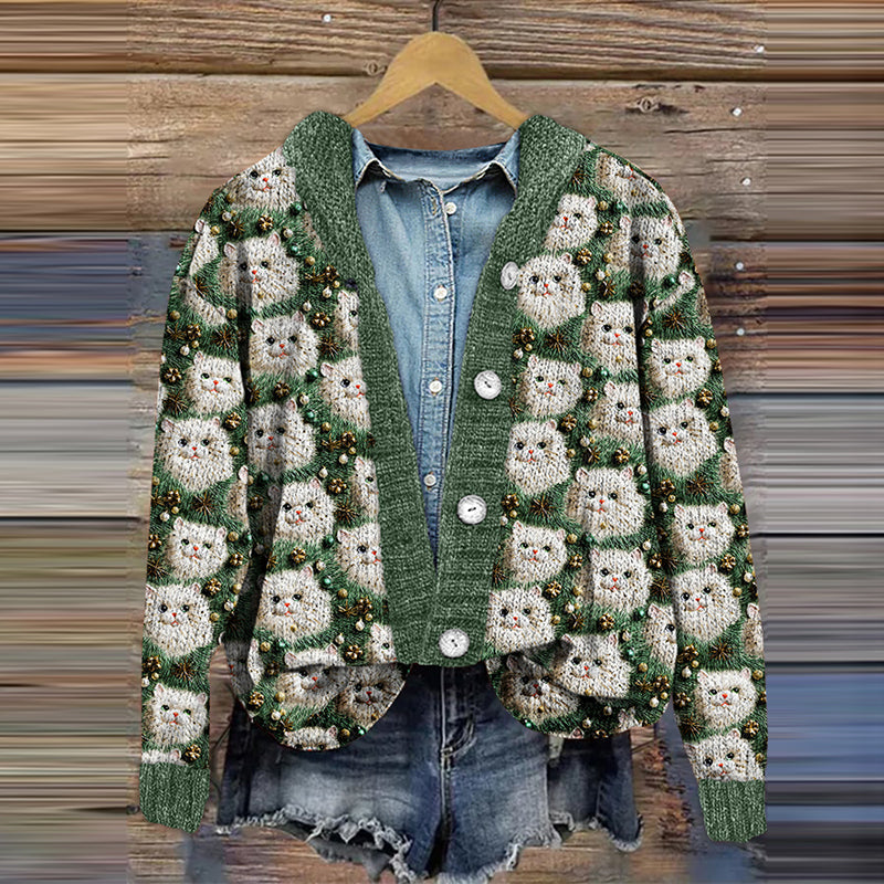 Christmas Tree Cat Print Long Sleeve Knitted Cardigan elevenforest